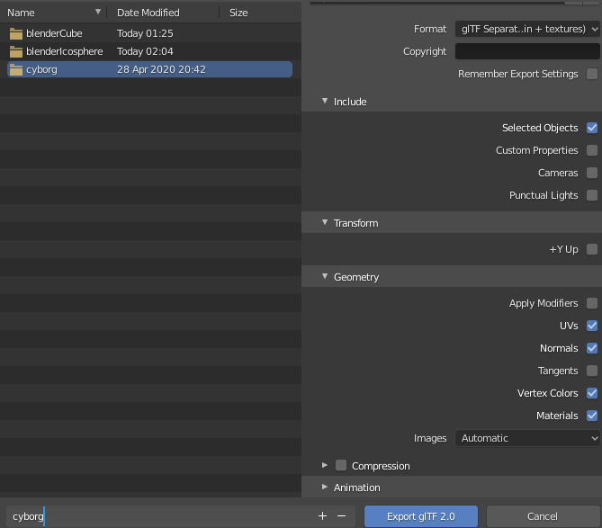 options gltf exporter